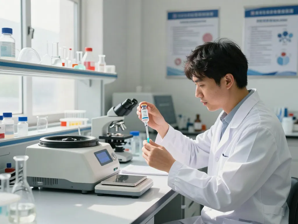 Researcher measuring glow 70mg peptide in a bright laboratory.