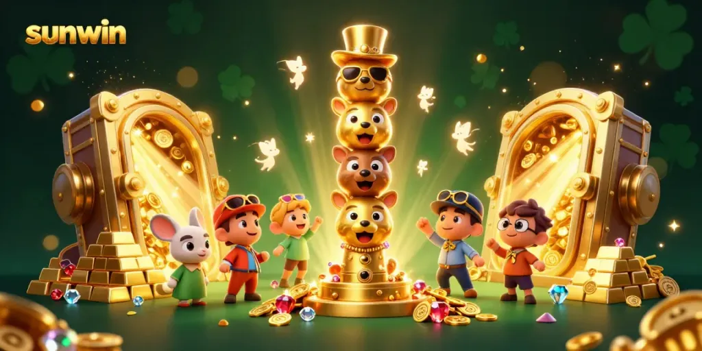 Experience thrilling wins at Sunwin's vibrant casino with dynamic totem pole characters and stunning gold treasures.