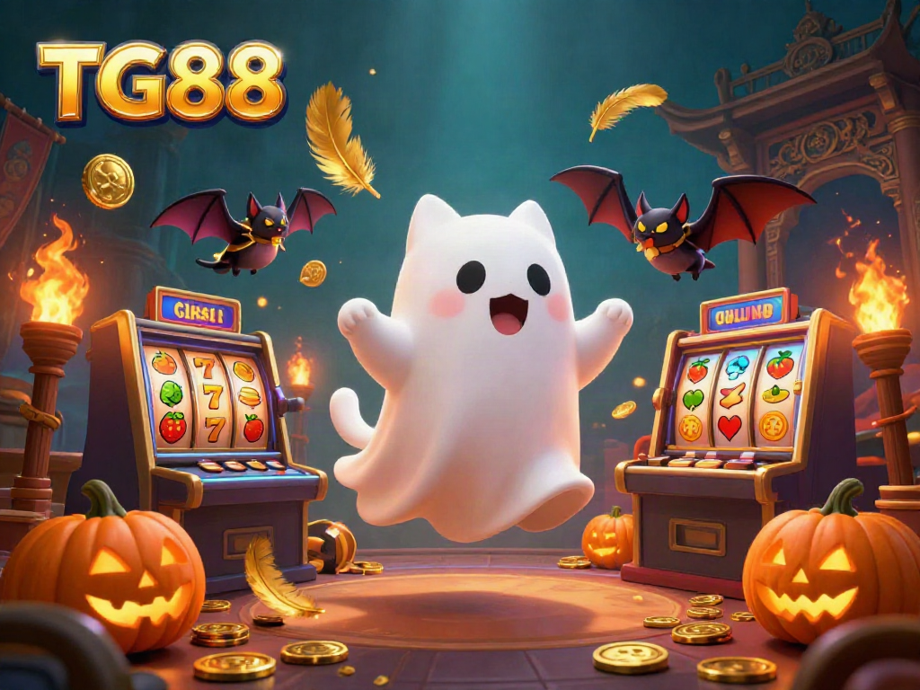 Engage with TG88 in a lively casino scene featuring a ghost cat, bat companion, and glowing poker jack-o-lanterns.