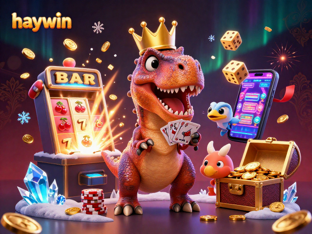 Experience vibrant casino action with haywin as T-Rex shuffles cards, surrounded by jackpot elements.