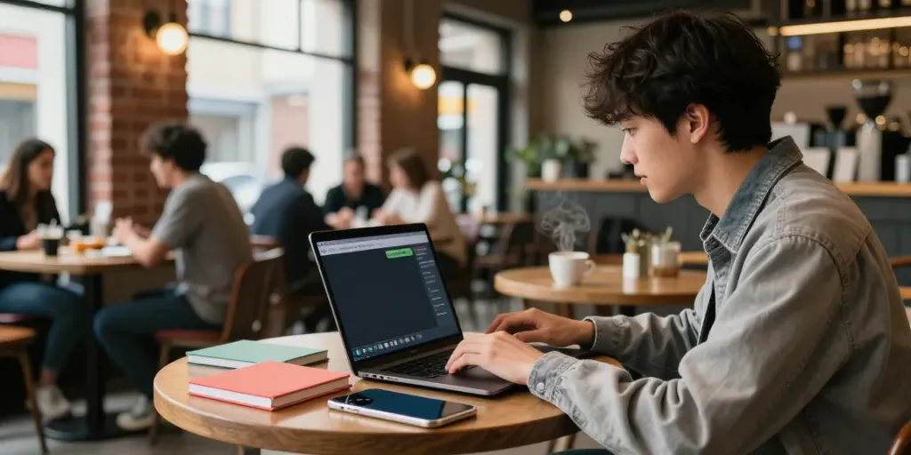 Pengguna mengakses bukumimpi138 link di kafe modern sambil menikmati kopi.
