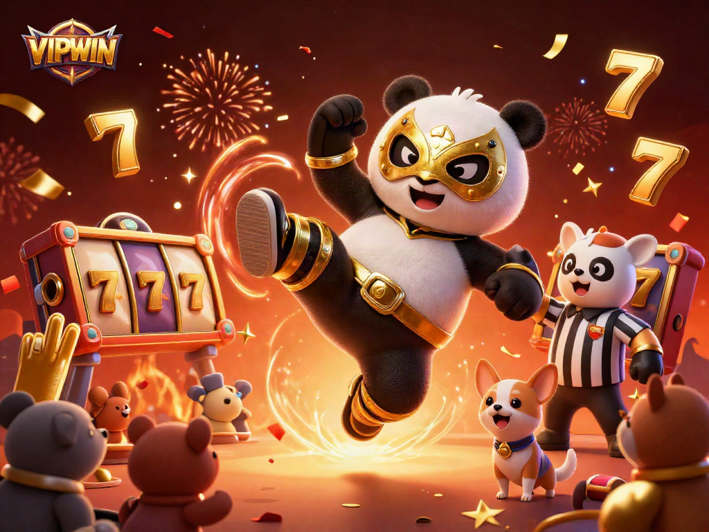 VIPWIN captivates players with an energetic 3D illustration featuring a wrestling panda, lucky 7s, and vibrant casino elements.