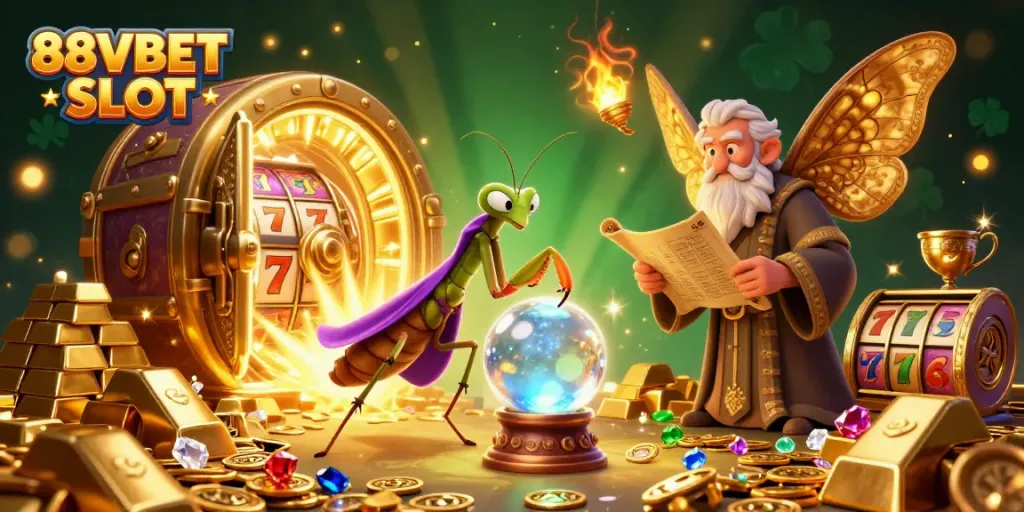 Experience the thrill of 88VBET SLOT with a vibrant illustration of magical elements and slot game symbols in action.