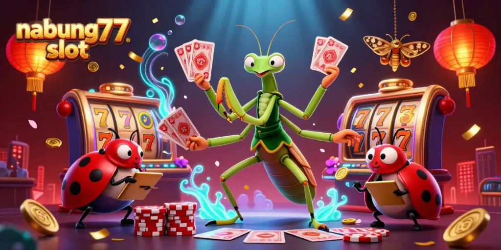 Experience the excitement of nabung77 slot with animated characters in a vibrant casino scene.