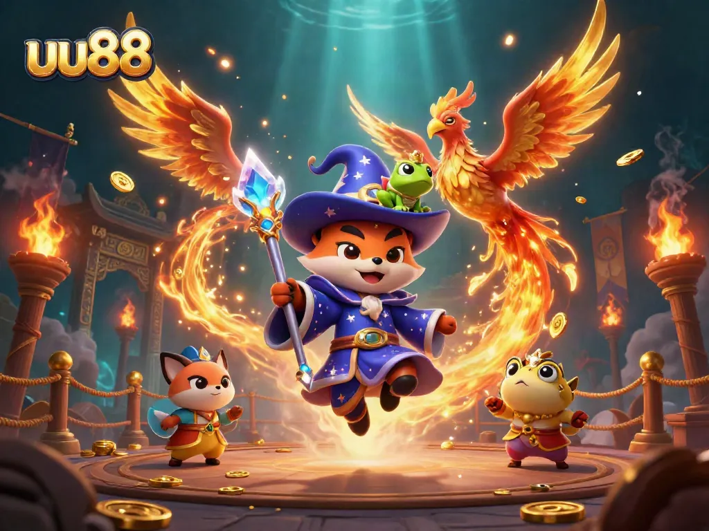 Experience exciting gameplay at uu88, featuring a mystical wizard, phoenix, and dynamic casino elements.