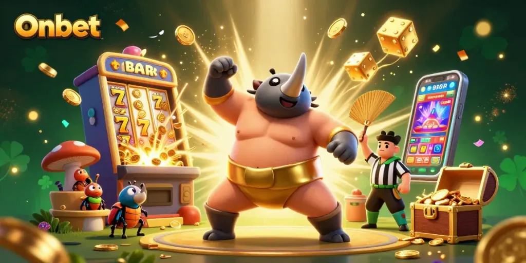 Onbet champions slots with a 3D beetle sumo wrestler surrounded by dazzling casino elements.