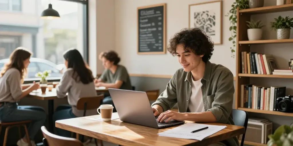 Local business owner creating AI copywriting content in a vibrant café setting.