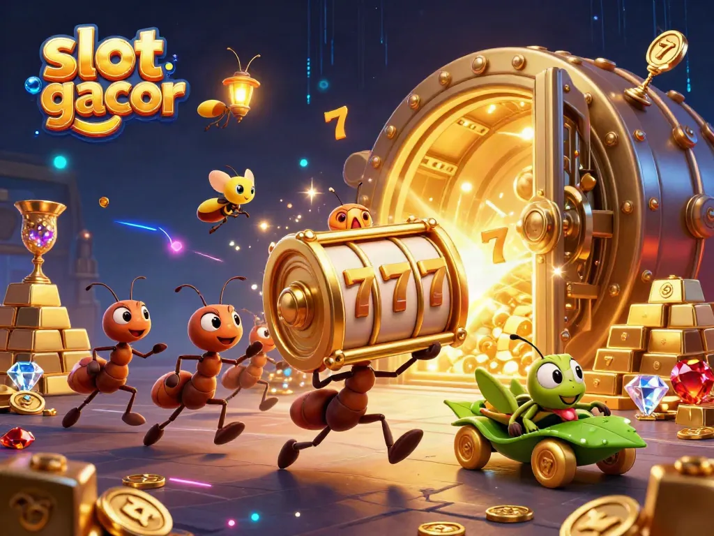 Experience exciting gameplay with slot gacor as ants hustle to steal giant slot symbols and treasures.
