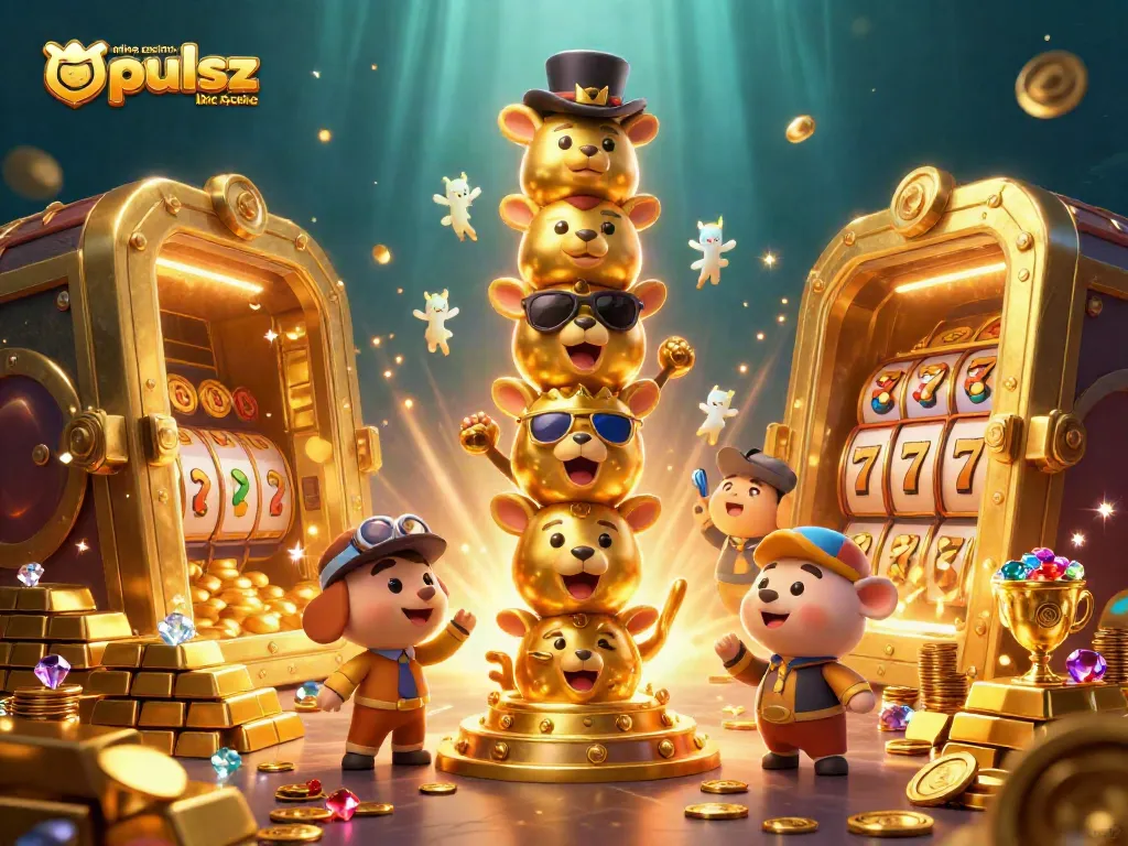 Experience thrilling gameplay at online casinos like Pulsz with vibrant scenes of slot machines and treasures.