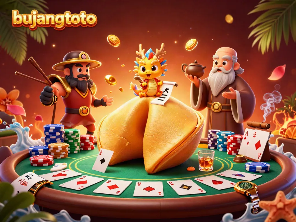 Bujangtoto's mesmerizing scene shows a golden fortune cookie and a wise dragon amid a vibrant poker landscape.
