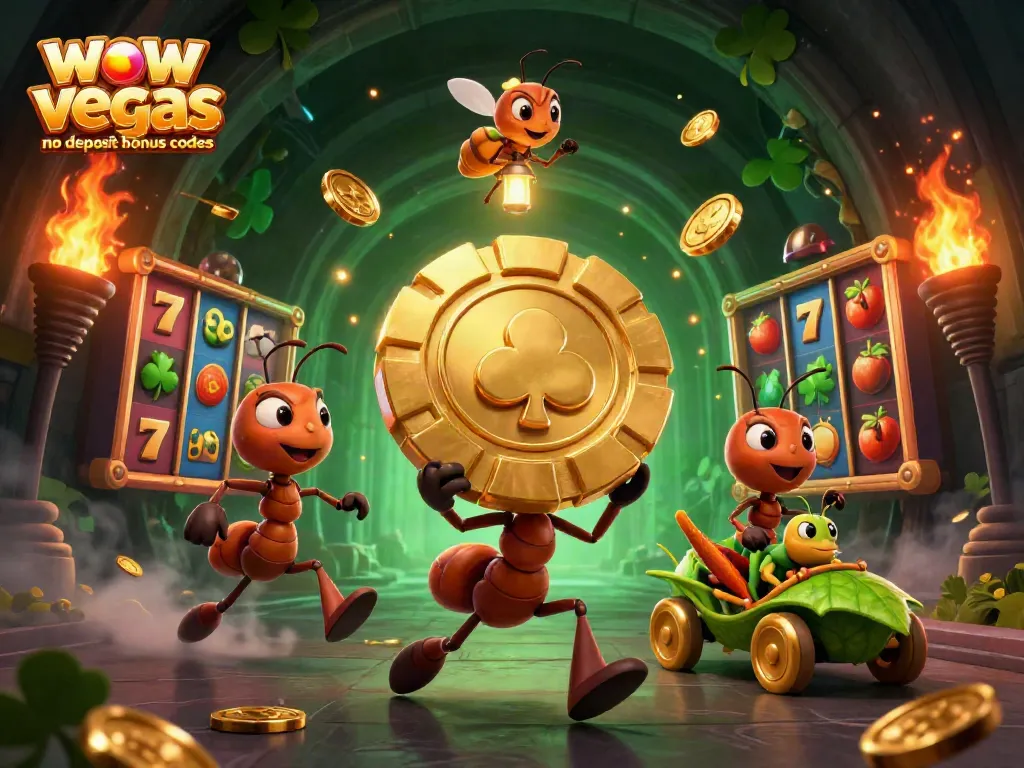 Win big with wow vegas no deposit bonus codes as cartoon ants celebrate with golden chips!