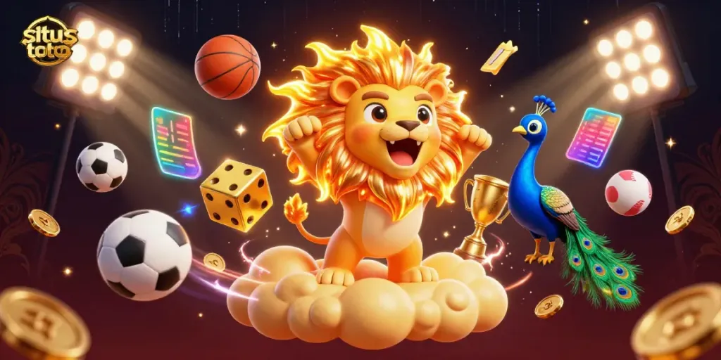 Experience excitement in situs toto with a vibrant 3D casino scene featuring golden dice, a roaring lion, and dynamic sports elements.