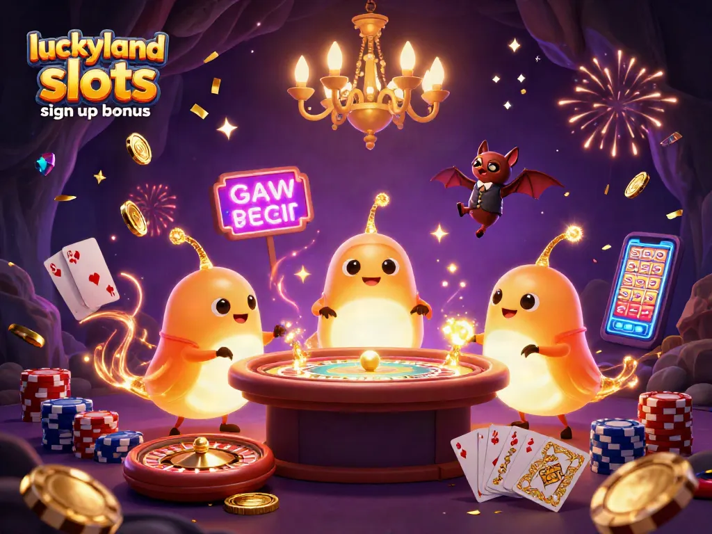 Spin to win with luckyland slots sign up bonus as glowing creatures light up a vibrant cave casino.