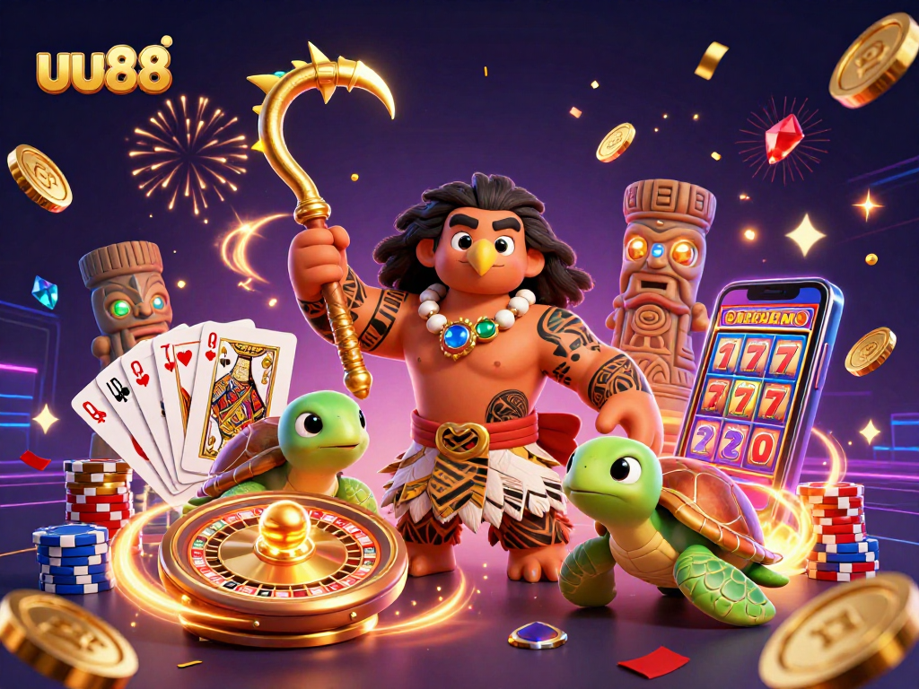 Celebrate wins at uu88 with a vibrant 3D casino illustration of Maui, a turtle, and exciting game elements.