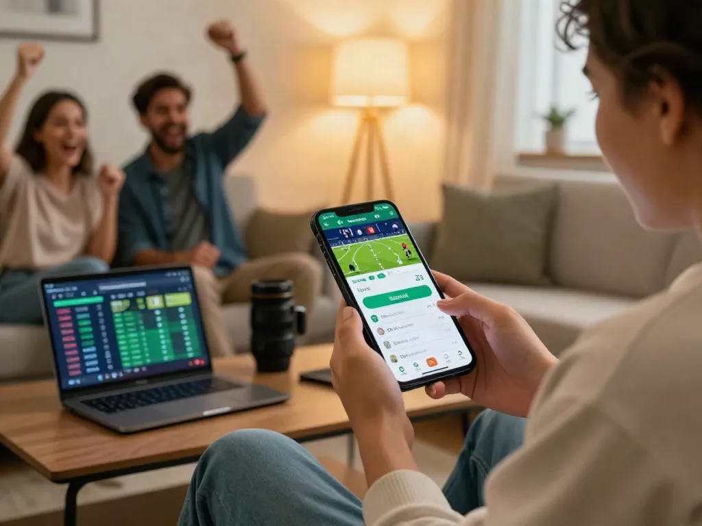 WWBOLA interactive betting scene showcasing soccer odds on mobile interface in a lively living room.