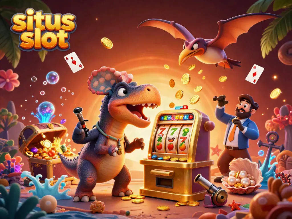 Experience the situs slot excitement with cartoon dinosaurs winning jackpots and coins flying everywhere!