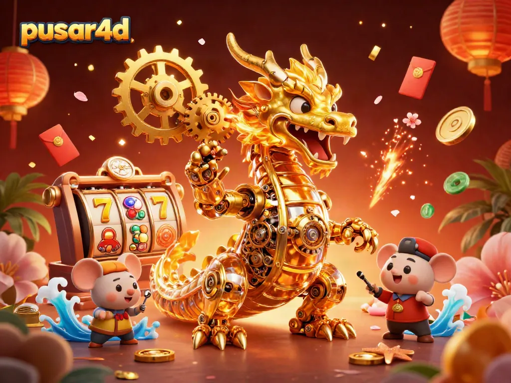 Pusar4d features a golden dragon amidst vibrant slot elements, enhancing your gaming experience.