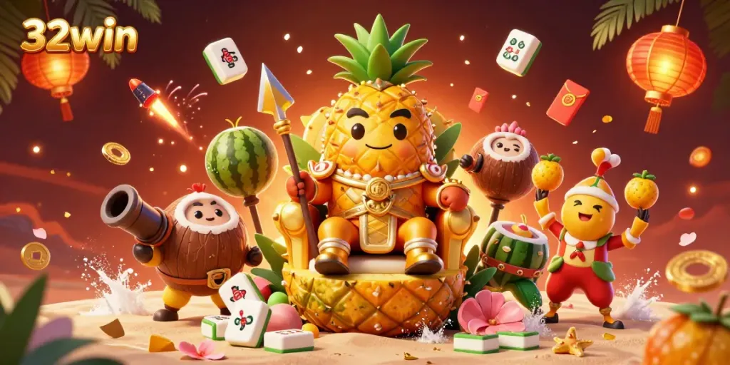 Experience the magical world of 32win with vibrant casino characters and festive decorations.