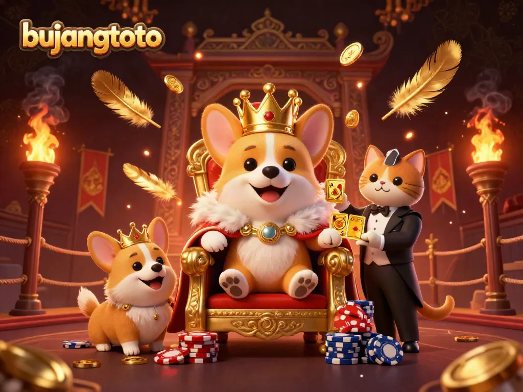 Experience the thrill of bujangtoto with a royal corgi on a throne of poker chips in this vibrant 3D illustration.
