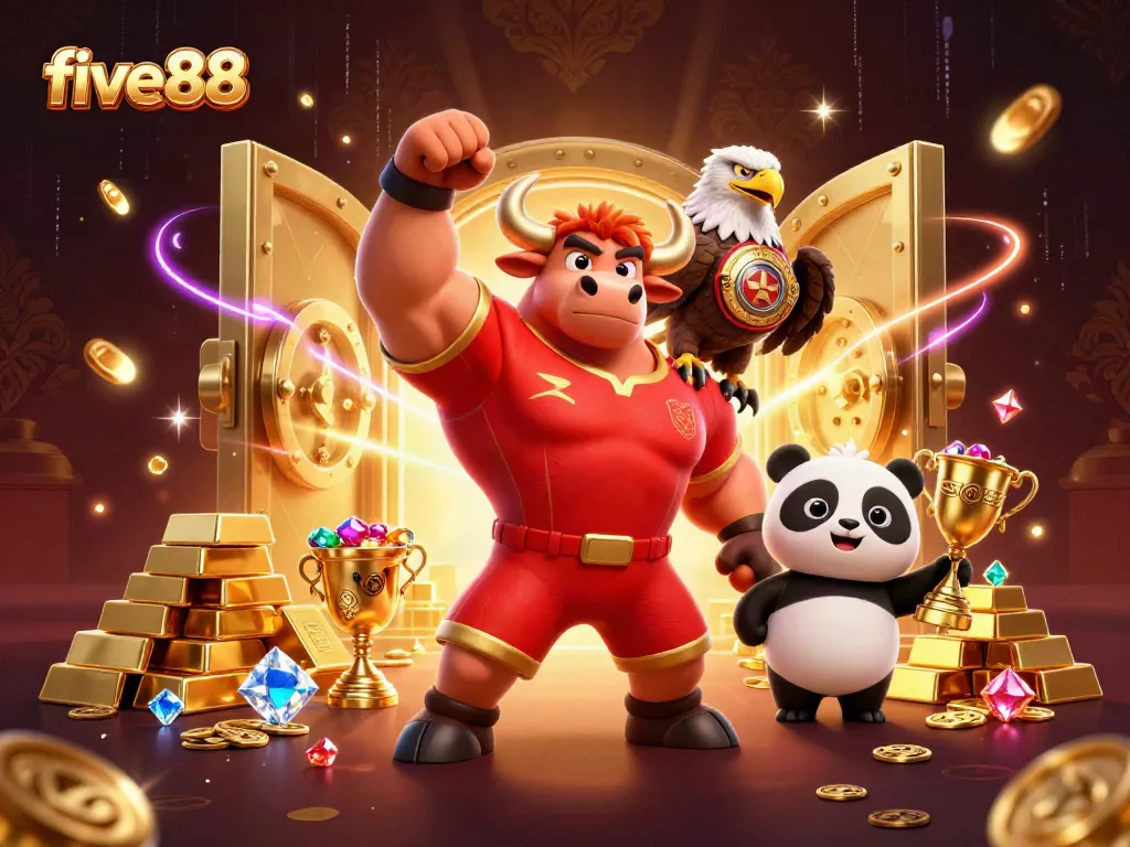 Watch the five88 bull mascot celebrate amid treasures in a vibrant 3D digital casino.