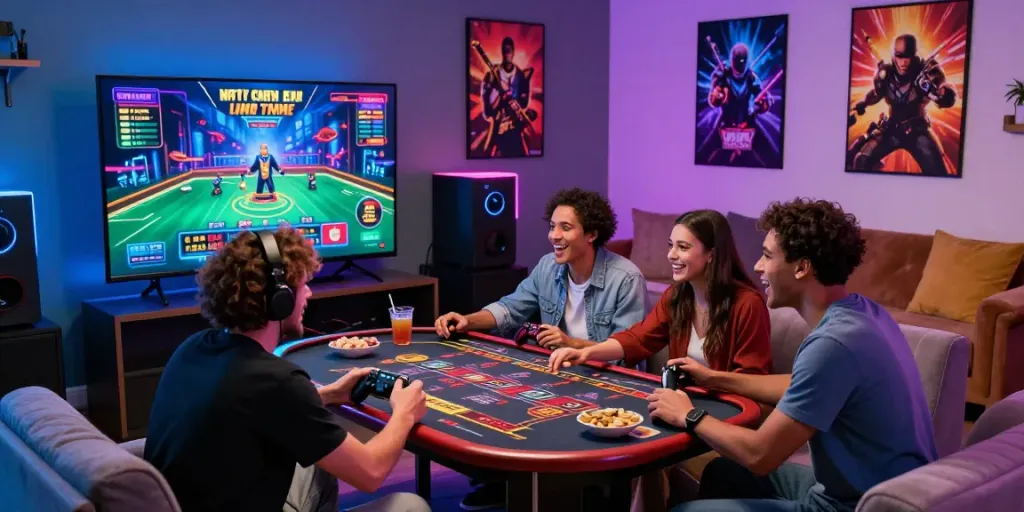 Friends enjoying a bigdewa live gaming session, vibrant atmosphere with snacks and drinks.