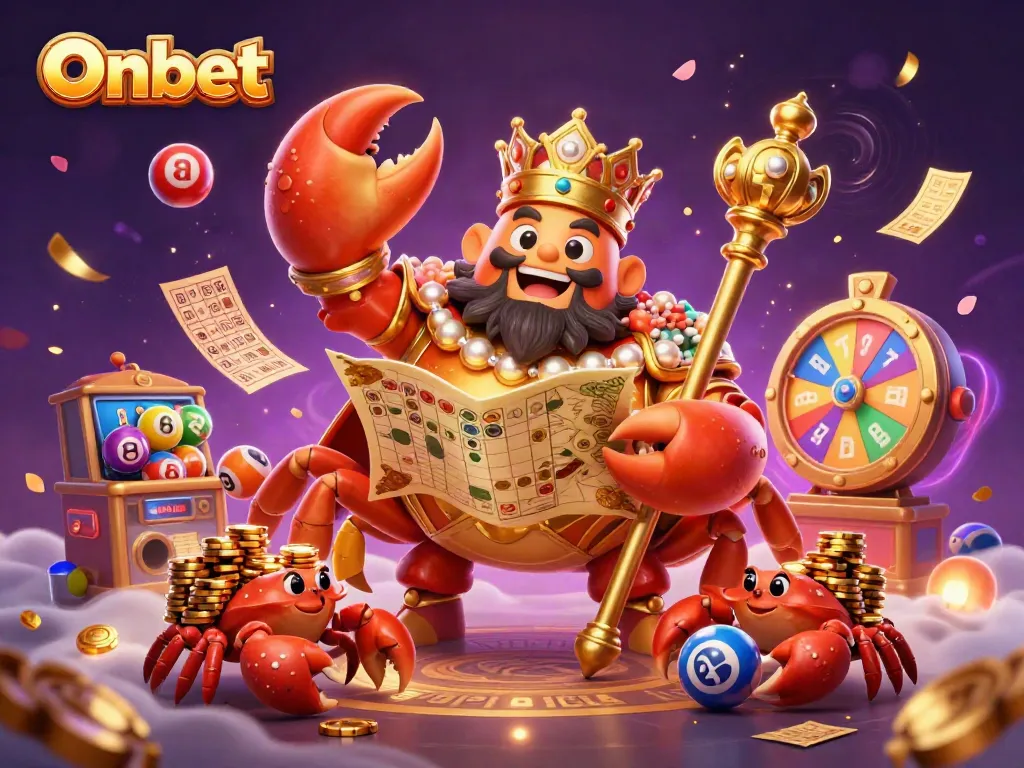 Experience the exciting world of Onbet casino with vibrant lottery elements and a regal golden crab emperor.