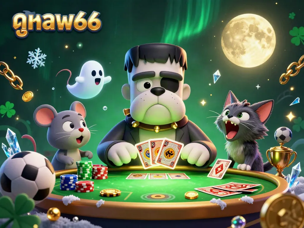 Engaging betting scene with ดูบอล66 characters dealing cards, showcasing sports betting elements and dynamic visuals.