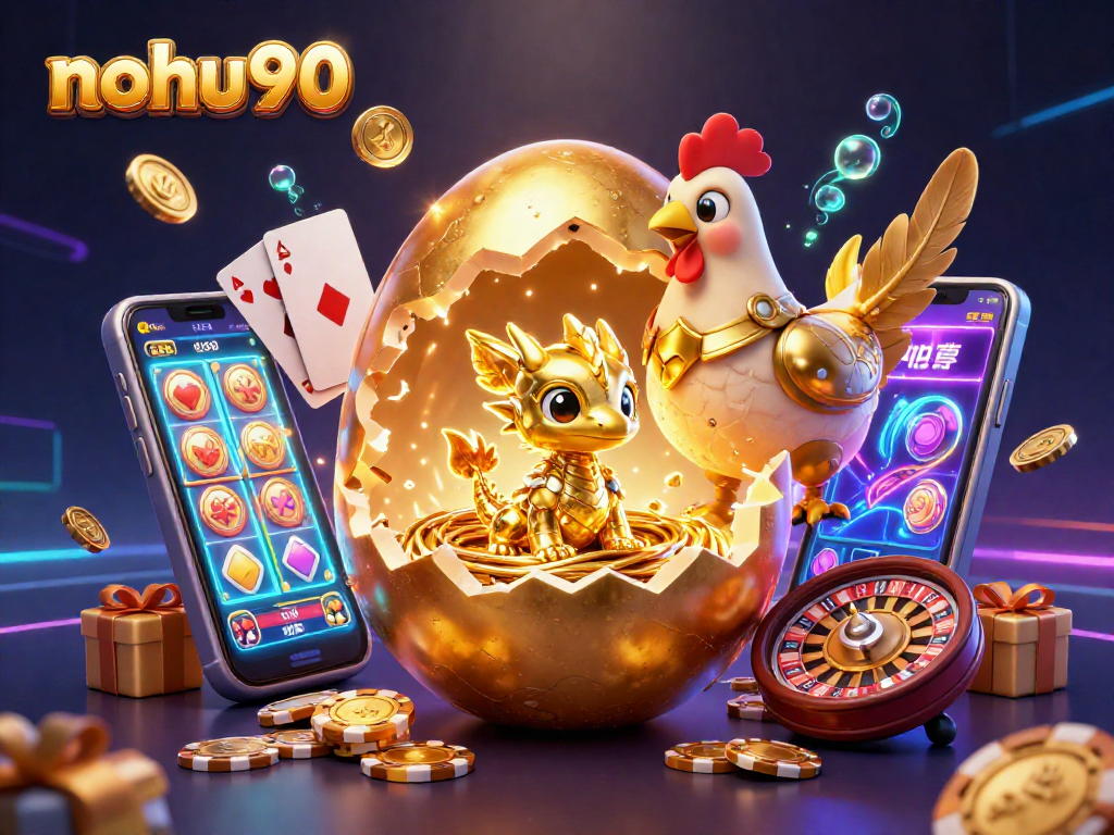 Engage with the vibrant nohu90 slots experience featuring a golden dragon, set against a lively gambling backdrop.