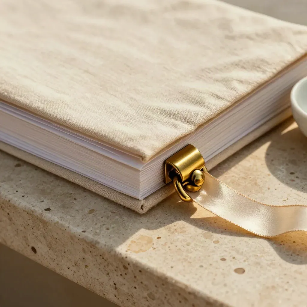 Macro of a linen retirement folio, brass clasp, ceramic bowl and ribbon on travertine.