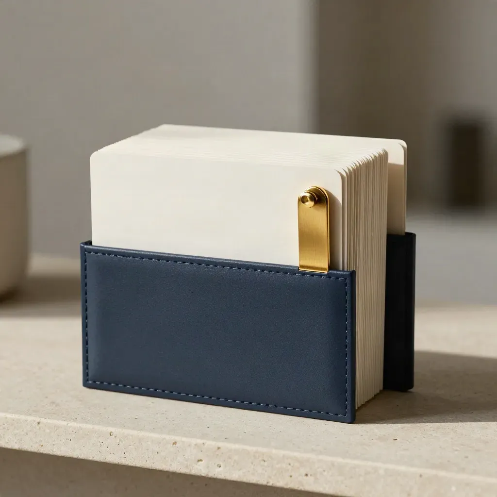 Midnight-navy portfolio case with fanned ivory cards and brass clip on pale stone.
