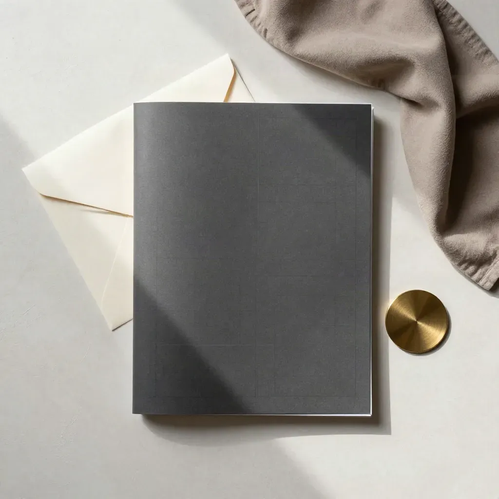 Overhead flatlay of a charcoal folio, sealed envelope, folded cloth, and brass disc on pale plaster.