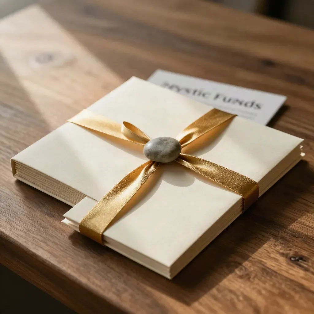 Cream starter bundle with gold wrap on walnut wood, two sleeves, a stone, softly blurred card behind