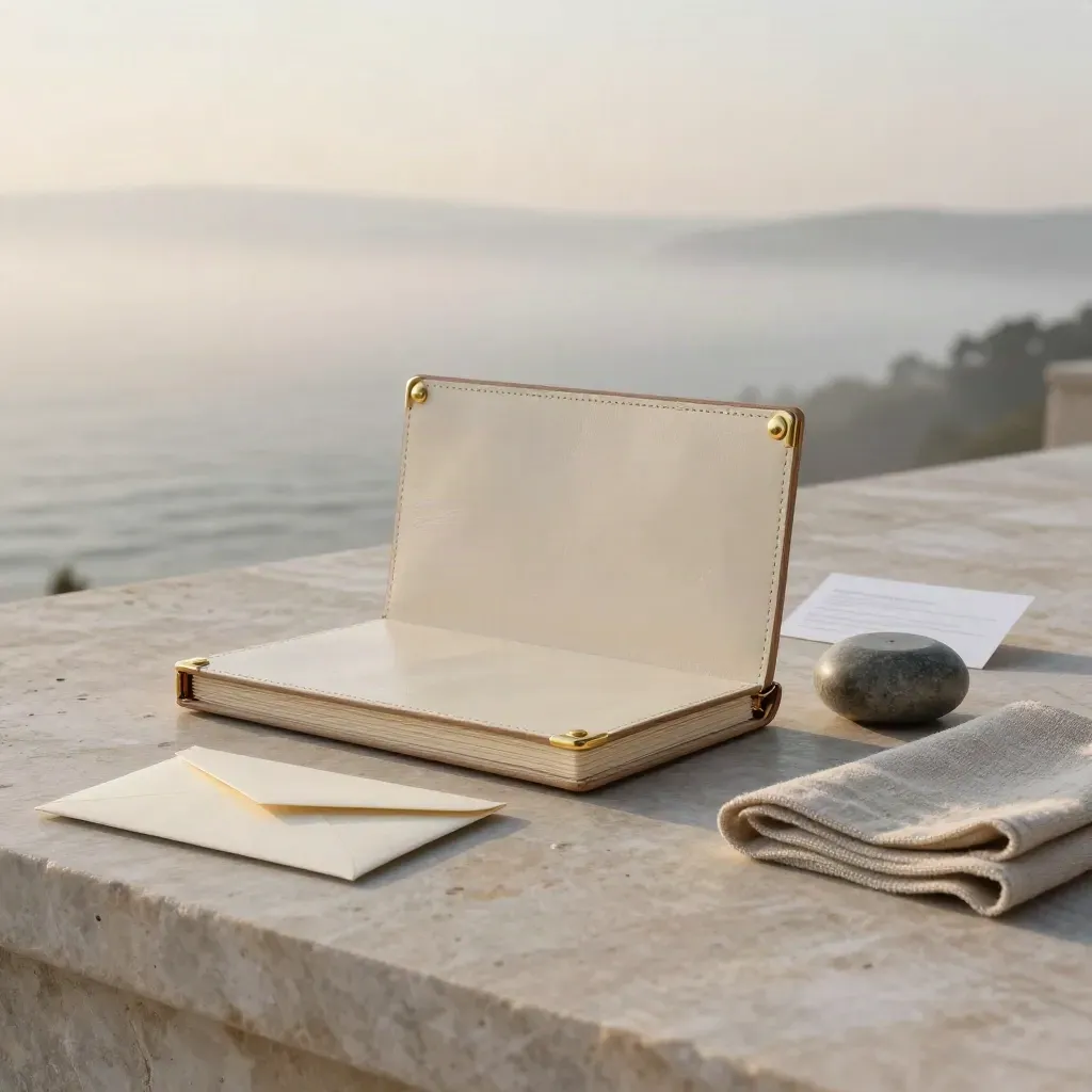 Ivory leather folio with brass caps, envelope, paperweight and linen on a misty limestone terrace.