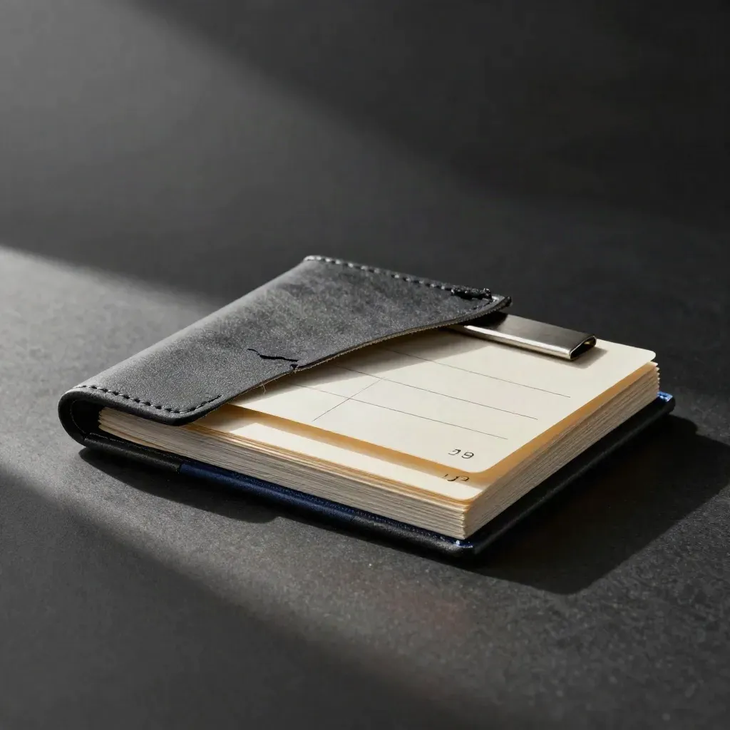 Graphite fund-picker deck in a soft sleeve with cards and a metal clip on a dark studio surface.