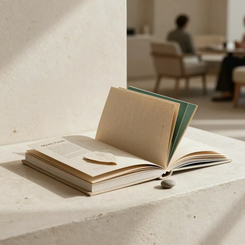 Sand folio with inserts on a plaster ledge in soft daylight and haze.
