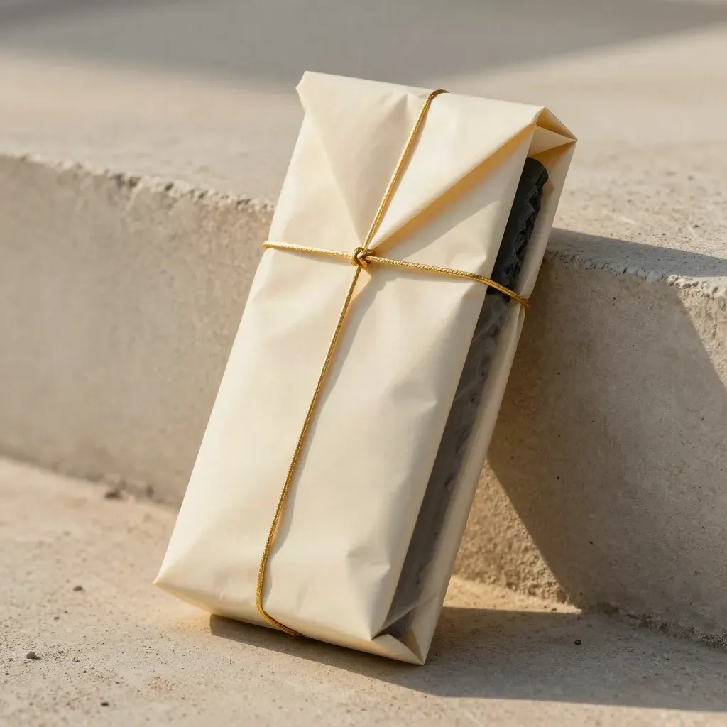 Cream income pack in translucent wrap with gold cord against pale concrete, close and tactile.