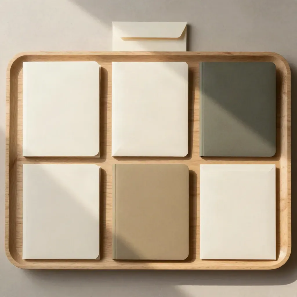 Overhead wealth folios, envelope, and sleeves arranged neatly on a pale wood tray.