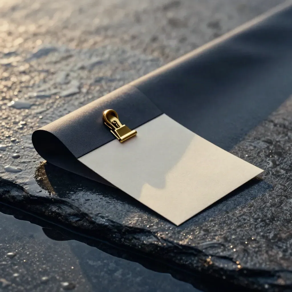 Macro of a charcoal sleeve, brass clip and face-down card sliding over wet stone.