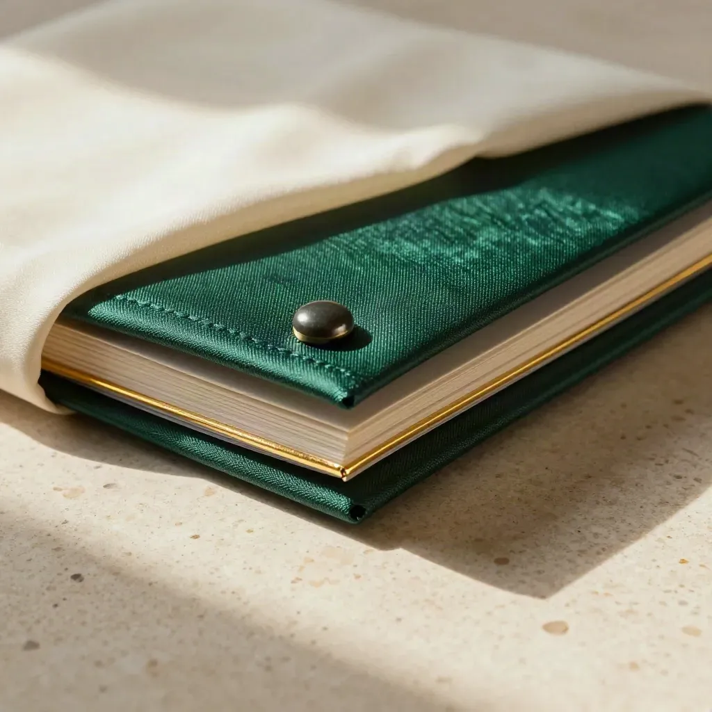 Emerald silk folio with gold edges, stone weight, and folded cloth on sunlit travertine.