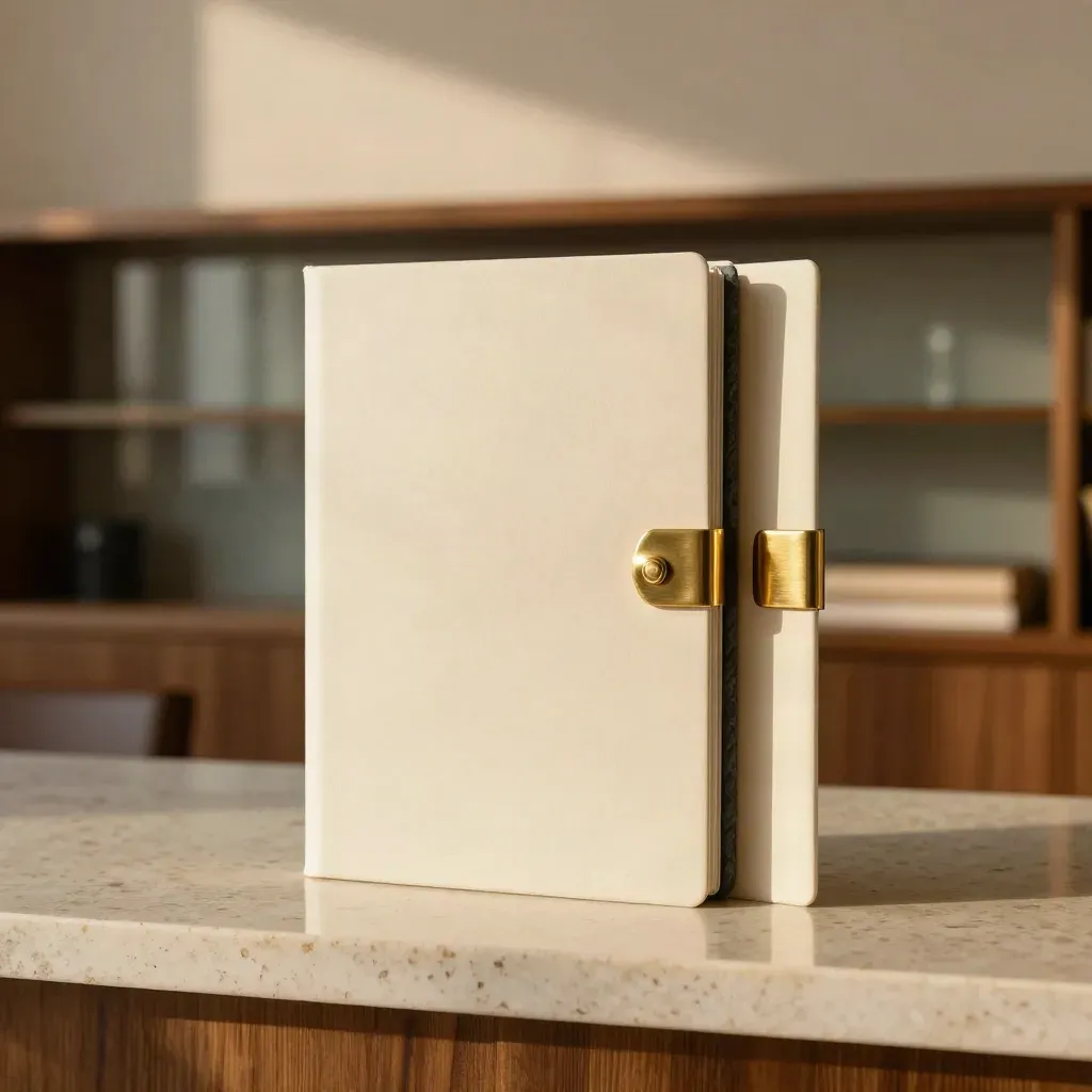 Cream retirement-income folio with brass clasp on travertine ledge in a calm wealth office.