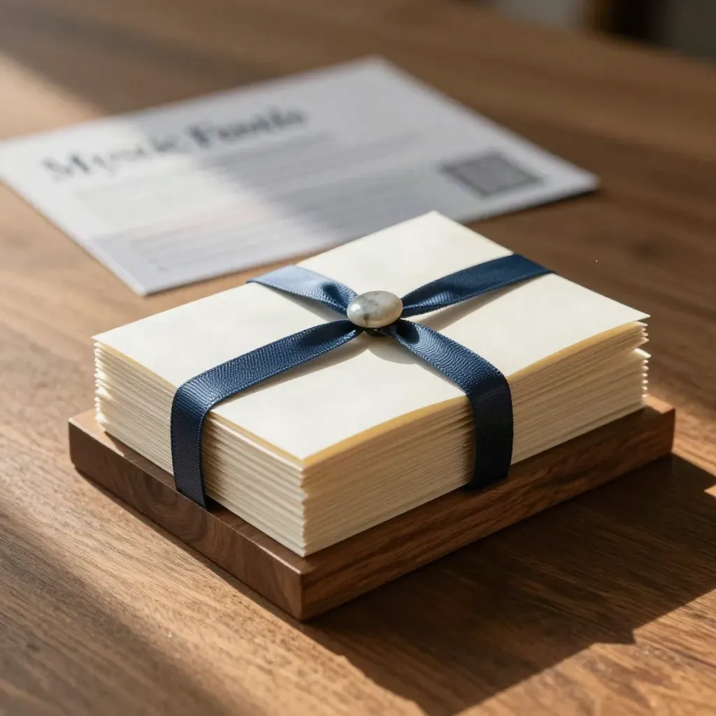 Ivory finance sleeves tied with navy ribbon on a walnut block, softly lit.