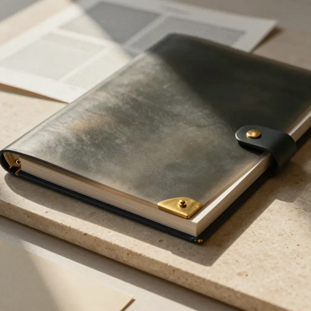 Charcoal fee-scan folio with brass clip on pale stone, lit by a hard beam with haze