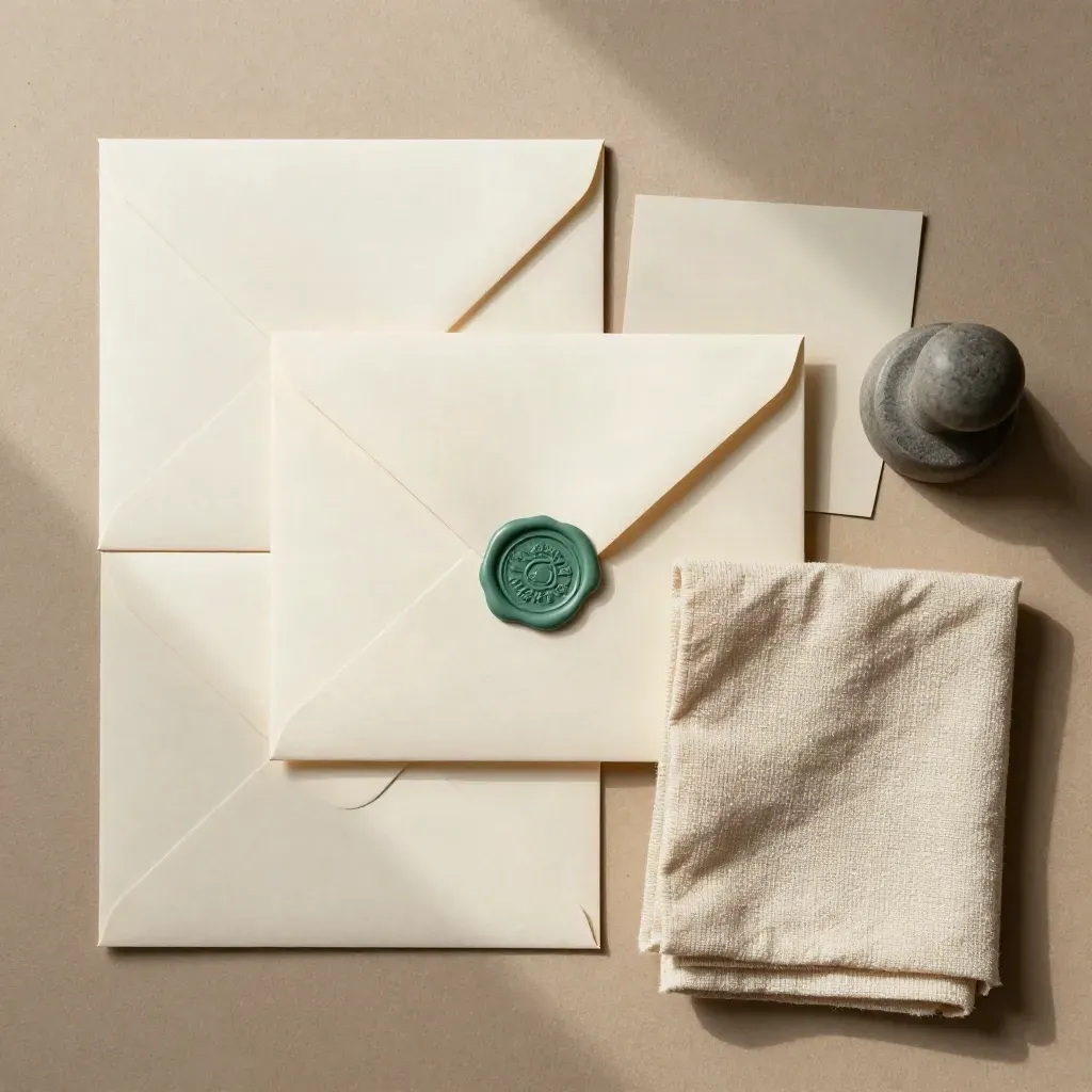 Overhead flatlay of sealed envelopes, folded cloth, and a stone weight on sand plaster