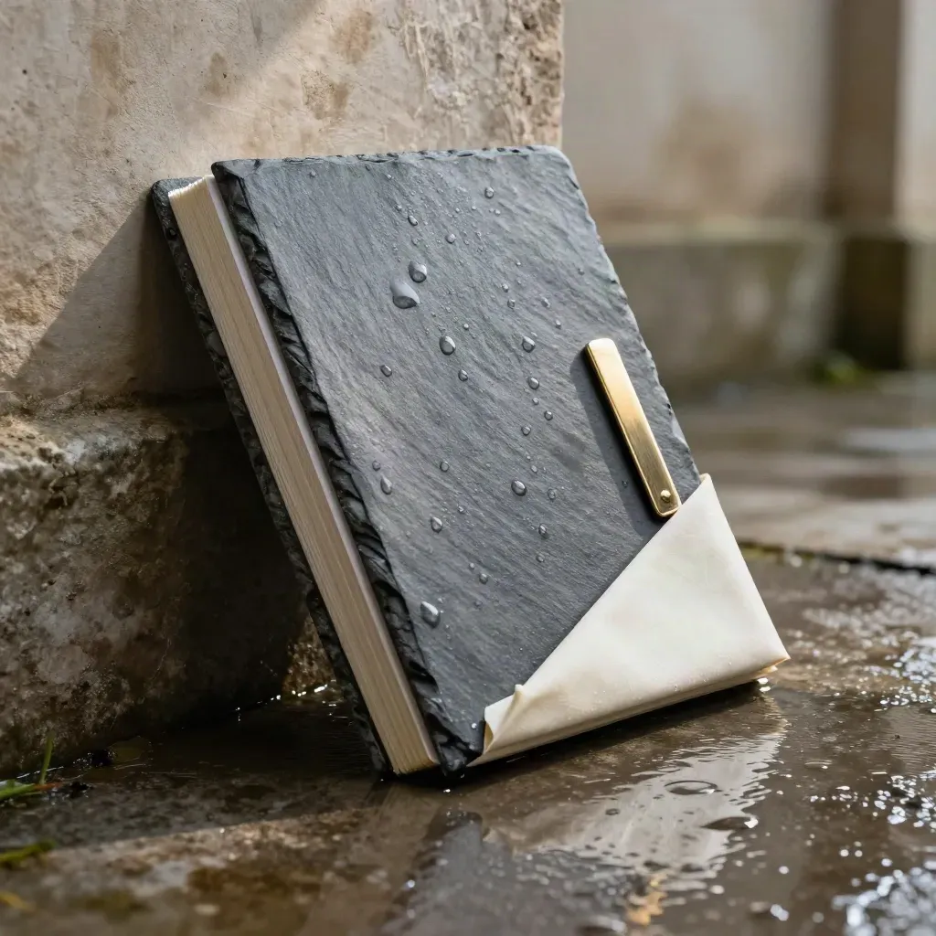 Slate folio with metal clip and ivory wrap leaning on rain-wet stone in mist