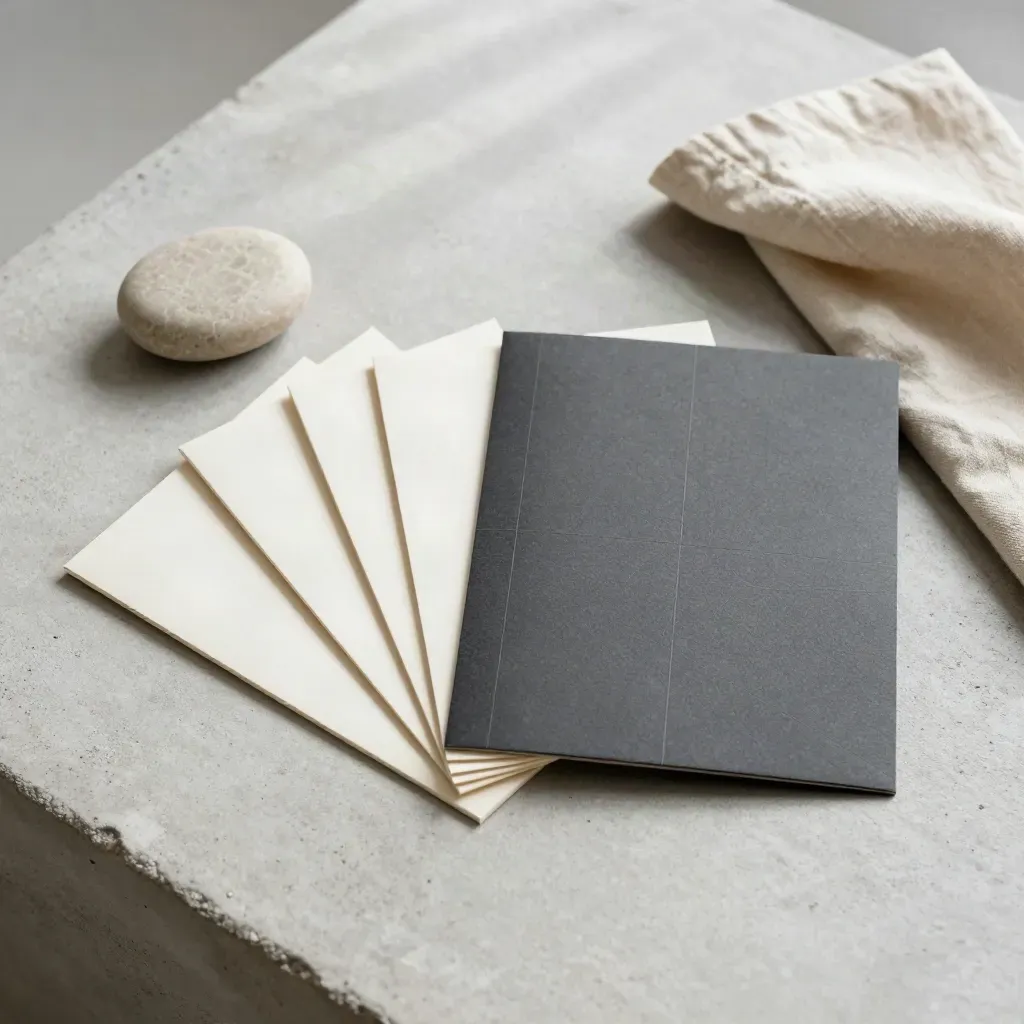 Overhead flatlay of a premium risk-map packet with ivory cards, stone weight, and folded cloth.
