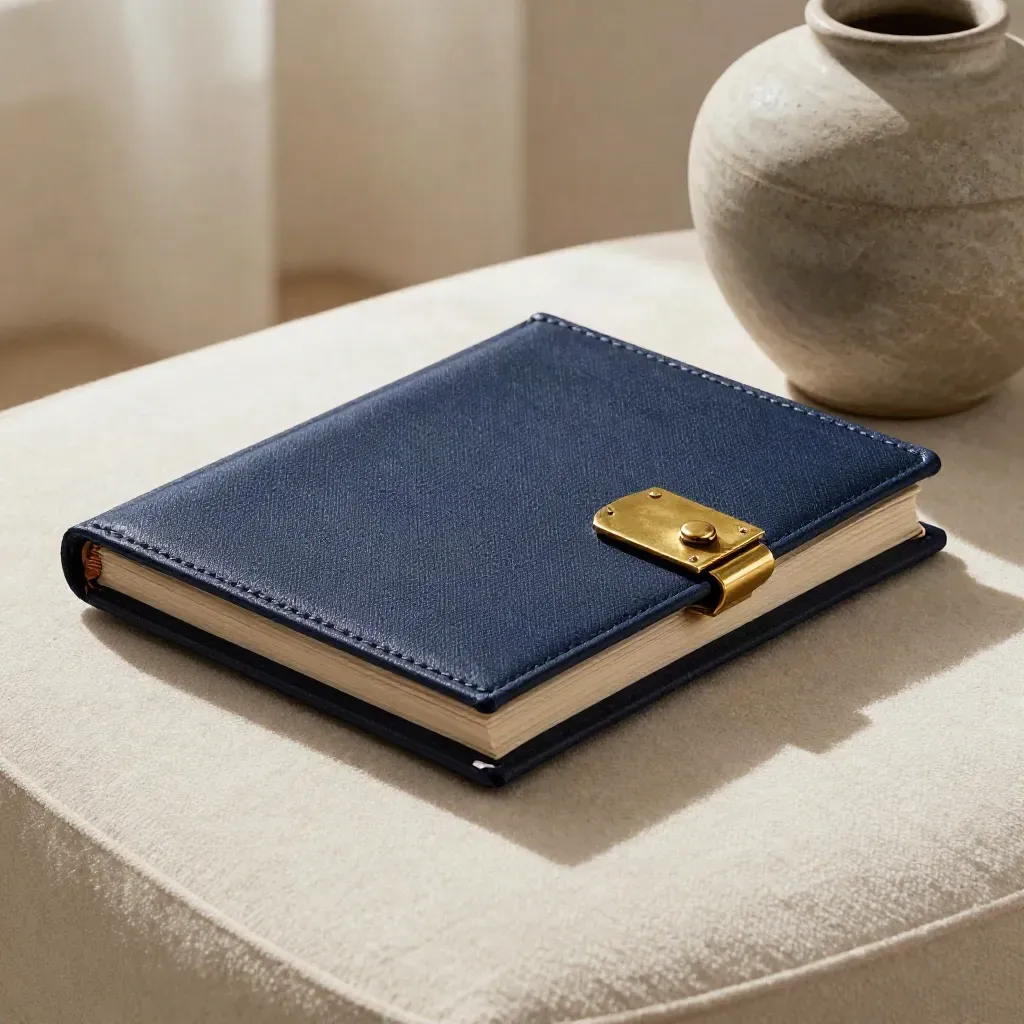 Navy family wealth plan folio with brass clasp and sleeves on a wool surface beside a ceramic vessel.