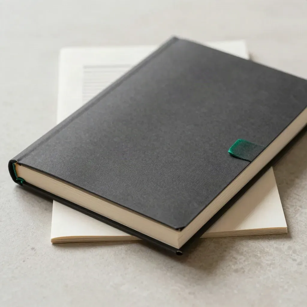 Charcoal market-research folio with ivory edges and emerald accent on plaster