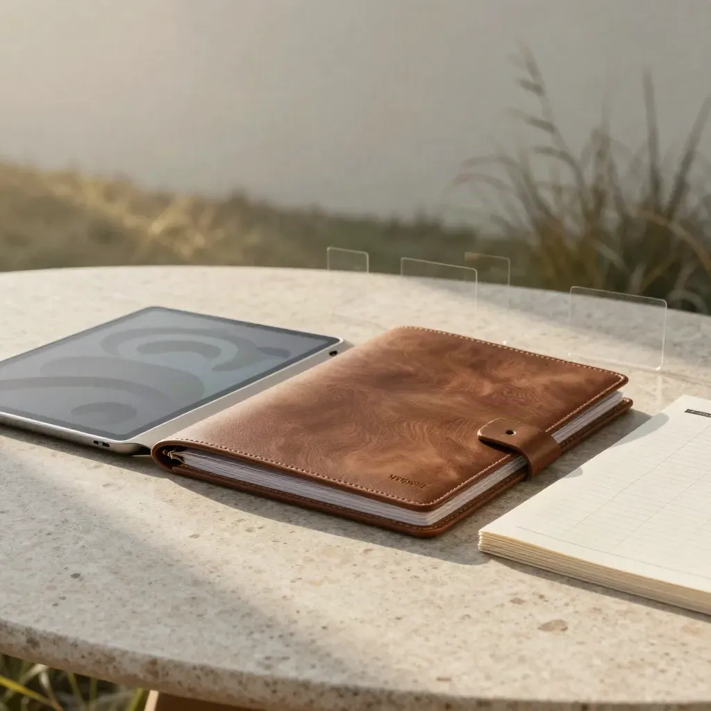 Travertine table with leather folio and review materials by plaster wall and dried grass.