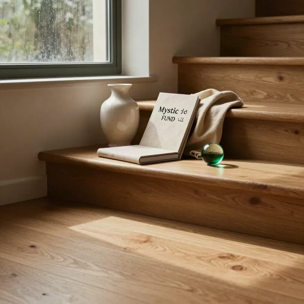 Oak stair landing with linen, ceramic forms, and rainlit window glow in soft neutral tones.