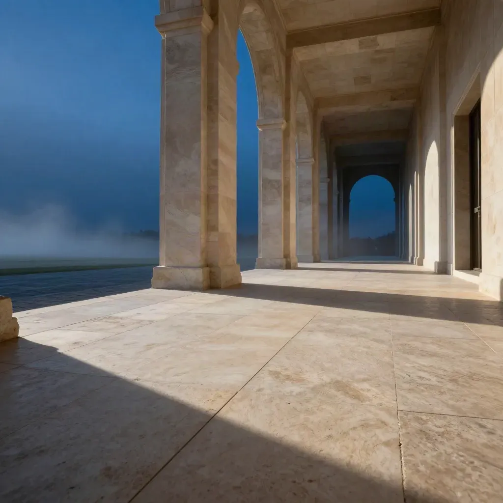 Limestone corridor at blue hour with long shadows, reflecting seam, and soft mist.